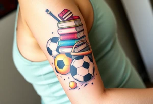 Childhood memories of a small pile of books, a bucket and spade, a football, a cricket bat, a cartoon of Dennis the Menace from the Beano comic, and something associated with the band Green Day tattoo idea