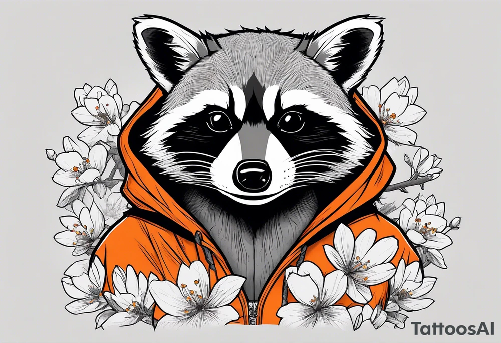raccoon wearing a Superman hoodie with orange cherry blossoms tattoo idea