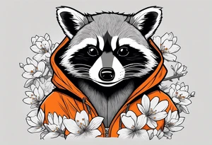 raccoon wearing a Superman hoodie with orange cherry blossoms tattoo idea