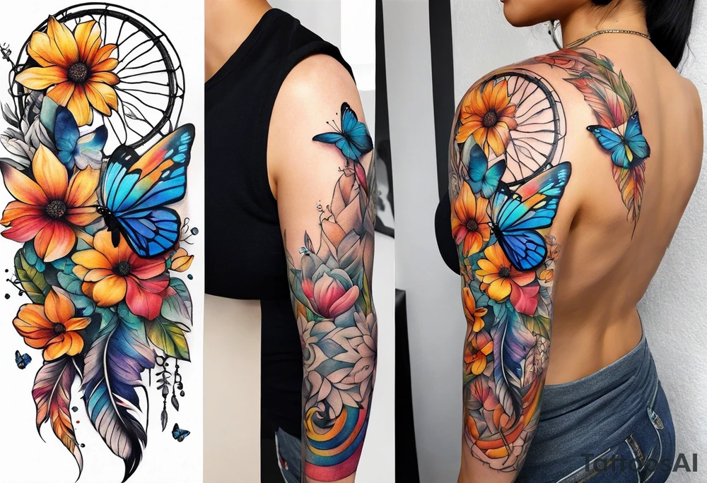 arm sleeve with dreamcatcher, rainbow flowers and one butterfly tattoo idea