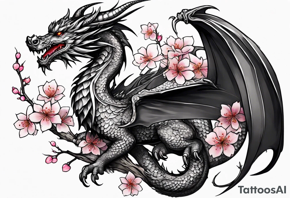 A dragon with wings covered in cherry blossoms on the thigh tattoo idea