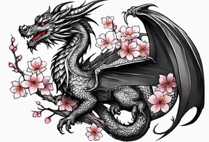 A dragon with wings covered in cherry blossoms on the thigh tattoo idea