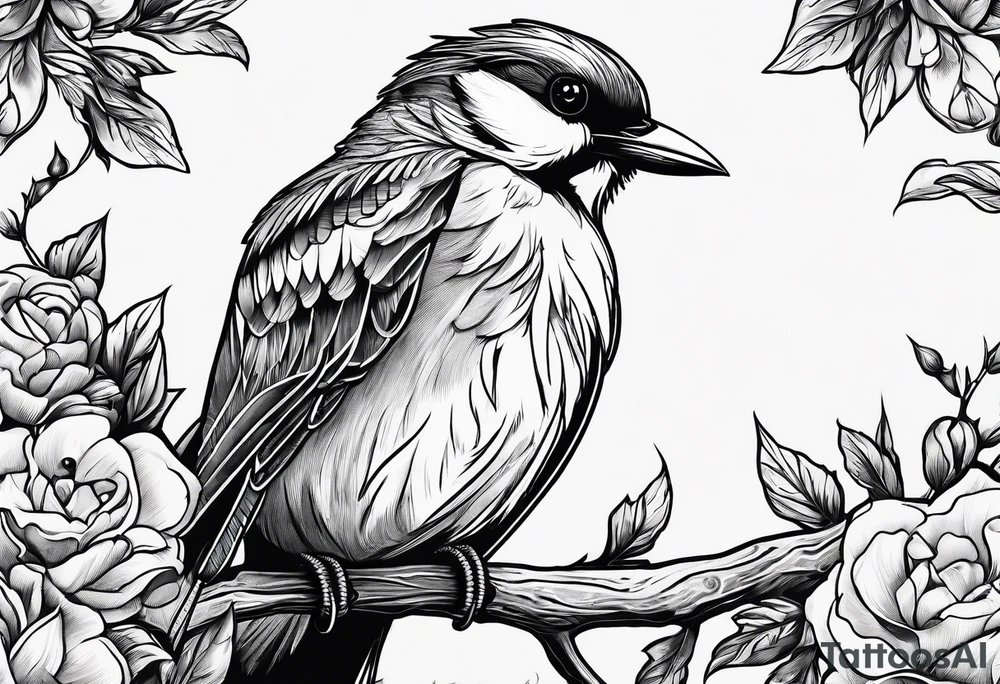 Bird powerfully looking while on a branch tattoo idea