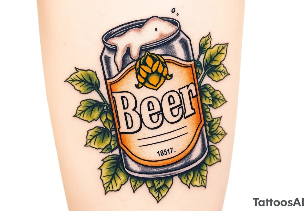 A vintage-style beer can with a retro label, featuring bold typography, a golden hop emblem, and subtle weathered textures. The can is slightly tilted, with frothy foam dripping over the top, and surrounded by barley stalks and hop vines in warm amber, deep green, and rustic brown tones tattoo idea