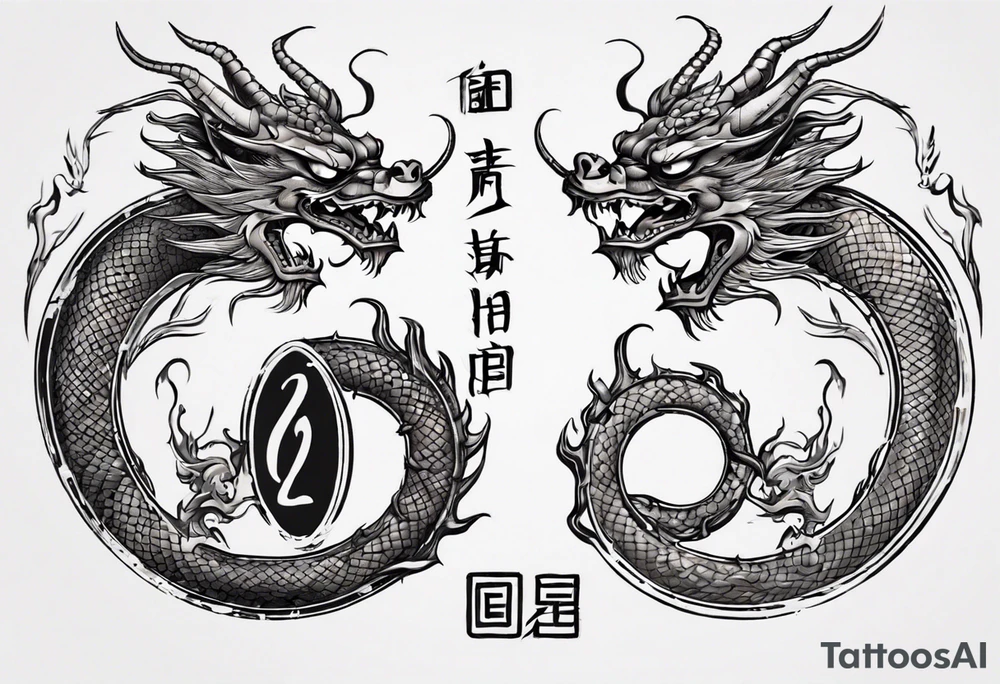 Chinese dragon in a circular shape with "02.03" written on its skin tattoo idea