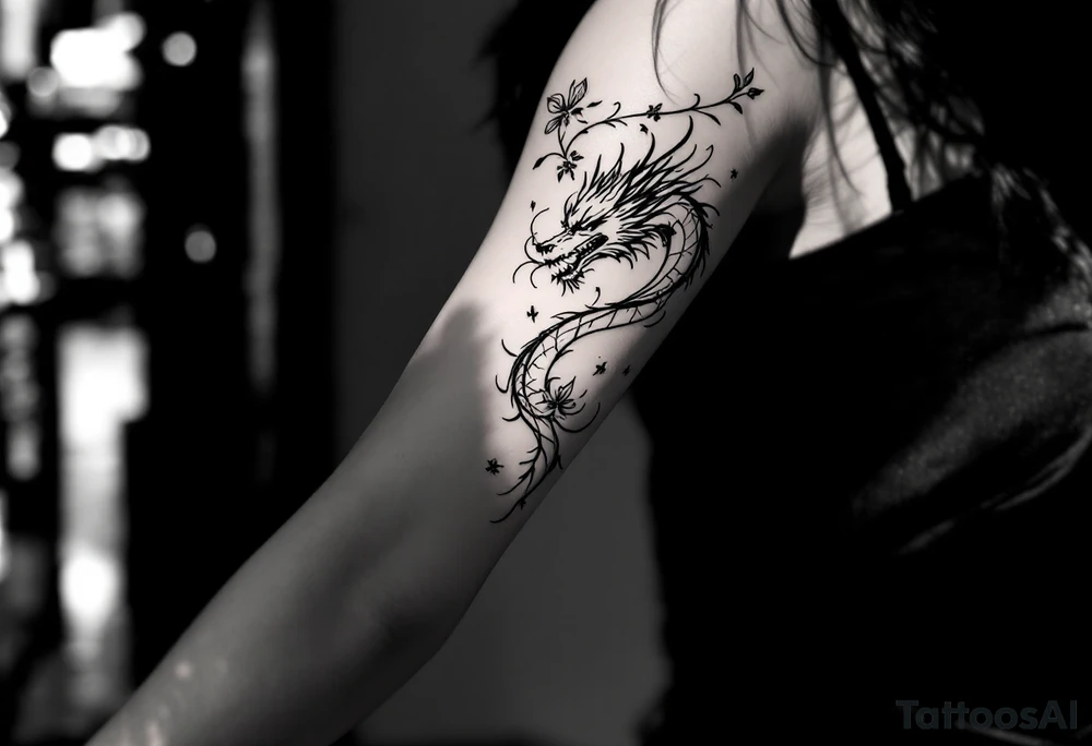 un dragon central entouré de fleurs de lys tattoo idea