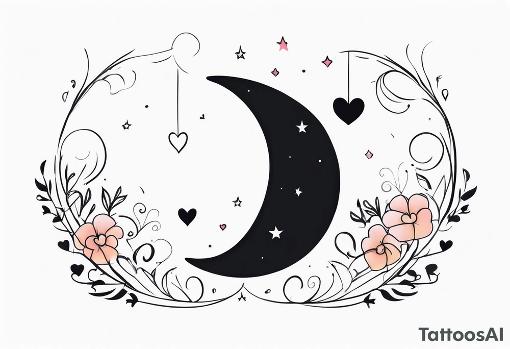 Crescent moon with hearts dangling from the bottom of it tattoo idea