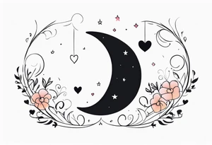 Crescent moon with hearts dangling from the bottom of it tattoo idea