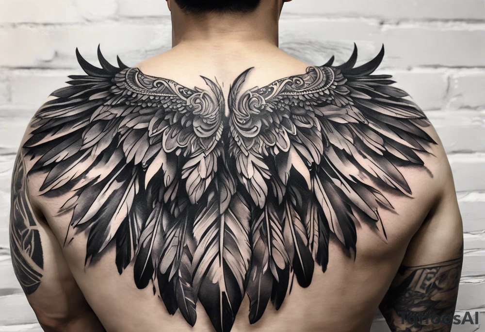 wings tattoo extending from a mens shoulders, covering the upper arms and upper back. The feathers are intricately detailed, with soft shading in black and gray to create depth and texture. tattoo idea