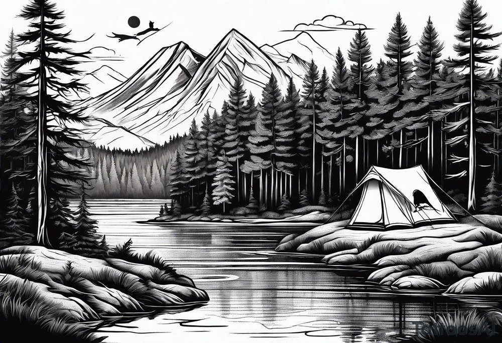 Pine forest with a river, a tent with a campfire, and a deer tattoo idea