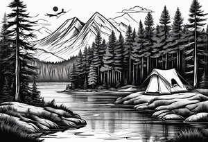 Pine forest with a river, a tent with a campfire, and a deer tattoo idea