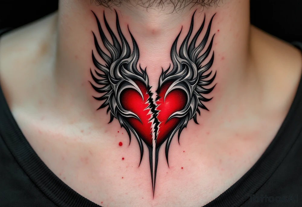 A heart being torn apart colored in deep red and grey, symbolizing heartbreak and struggle. tattoo idea