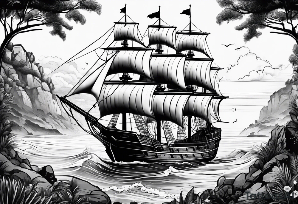 coastal scene with galleon tattoo idea