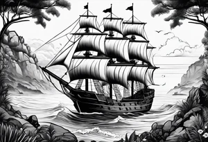 coastal scene with galleon tattoo idea