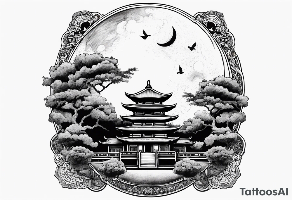 Classical temple crow moon ruins tattoo idea