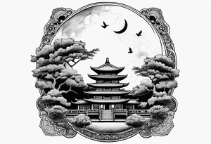 Classical temple crow moon ruins tattoo idea
