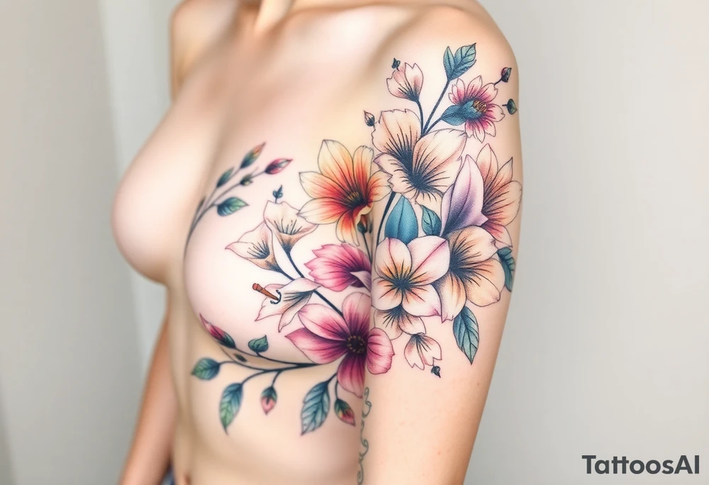 This tattoo is on a woman. It starts on her left side of the chest on the pectoral with a Glaiolus and Daisy together, then the tattoo rises over the left shoulder and down the arm and ends at the elbow. The tattoo will include a primroses, Calla Lilys, and Lillys. It will be light on color except in the petals and has light shading to make it pop. tattoo idea