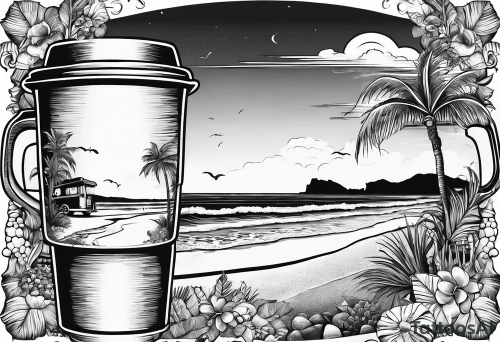 Coffee mug with beach scene on it for coffee truck logo tattoo idea