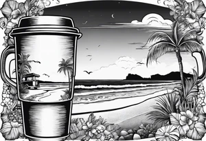 Coffee mug with beach scene on it for coffee truck logo tattoo idea