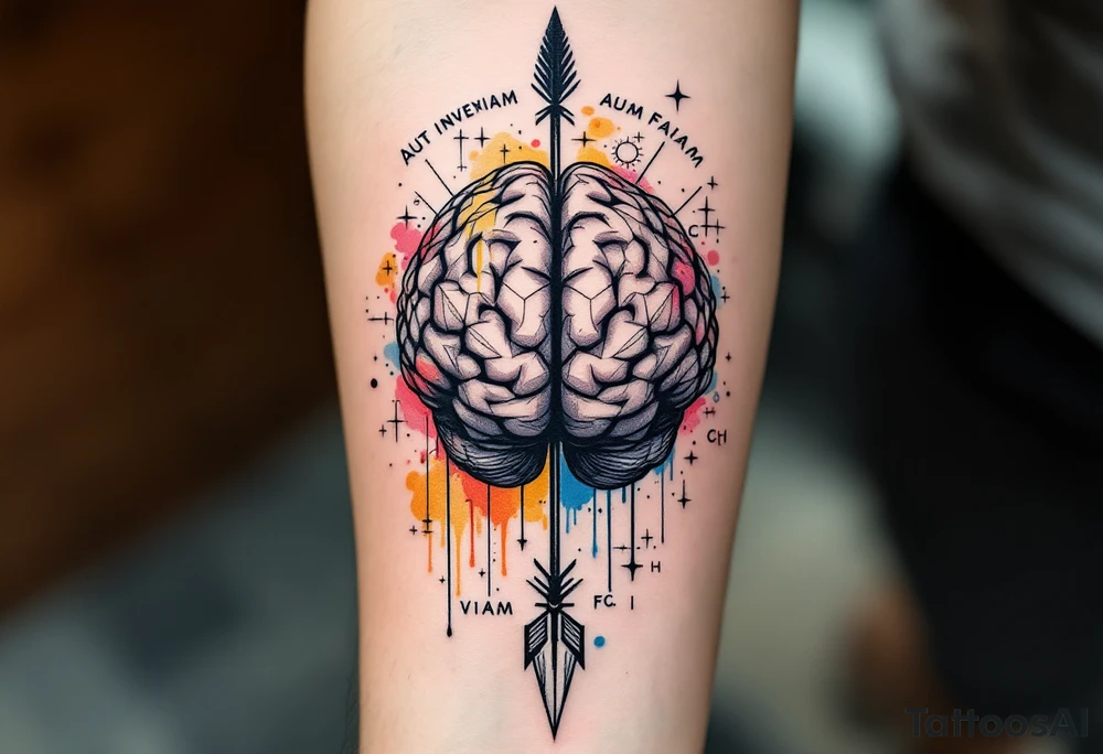 A front-seen brain in geometric and straight lines, with few watercolor details but mostly black, physics and chemical symbols arround, the phrase "Aut inveniam viam aut faciam" and a detailed arrow crossing from above with watercolors leaking from its tip tattoo idea