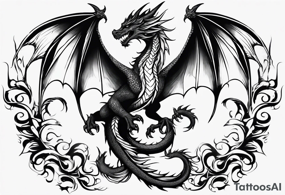 Mother dragon wings spread with 3 baby dragons tattoo idea