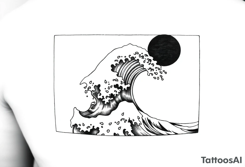 Black and white tattoo design in a vertical rectangular frame, sized to fit the upper arm. Inside the border, feature a dramatic Hokusai-style wave as the central focus, with intricate detailing and texture. Include expressive water droplets around the crest and spray of the wave, similar to traditional Japanese woodblock prints. In the top right or left corner, place a solid black or partially shaded sun for contrast. Use black ink thoughtfully—avoid overly large solid black areas; instead, emphasize fine linework and layered shading to give the piece depth without overwhelming the composition. The overall aesthetic should be bold yet elegant, with a clean, framed silhouette suitable for a modern tattoo. tattoo idea