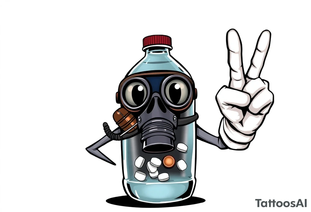 A caricature 2 liter bottle with bulging cartoon eyes and a gas mask on where it’s mouth and nose are supposed to be. Inside the bottle is a lithium battery,and pseudoephedrine tablets, along with a liquid. It has cartoon stick arms with big white gloves one had is holding up his middle finger. It should be dark and grimy looking as if a person had been up for some days and the middle finger on the right hand should be up tattoo idea