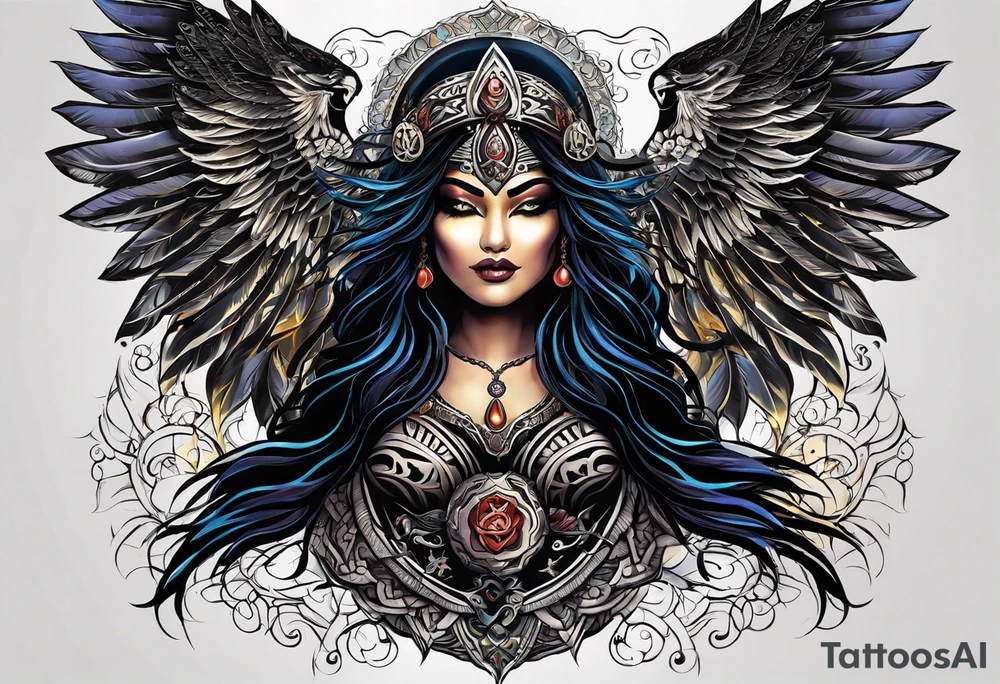 black kali, goddess pirate, alien, angel, pachamama, valkrye, warrior, flying, skull, lotus azul, wing, eagle, zenza resonance, stars, 5D, anahata chakra, death, durga, riding on a tiger, flying lady tattoo idea