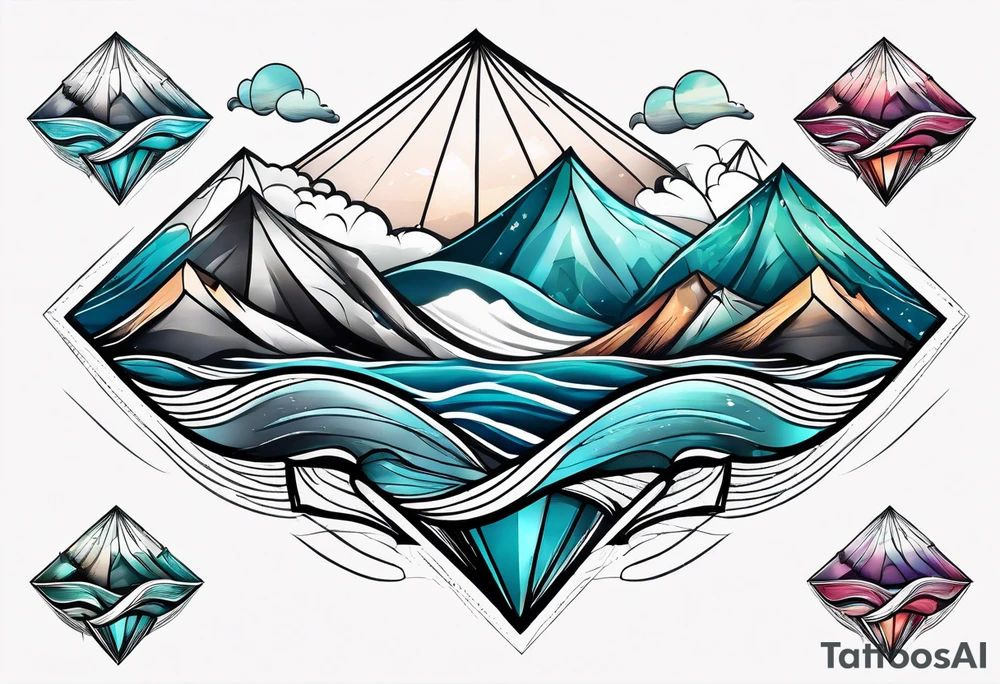 Mountains and ocean waves  crashing diamond shape tattoo idea