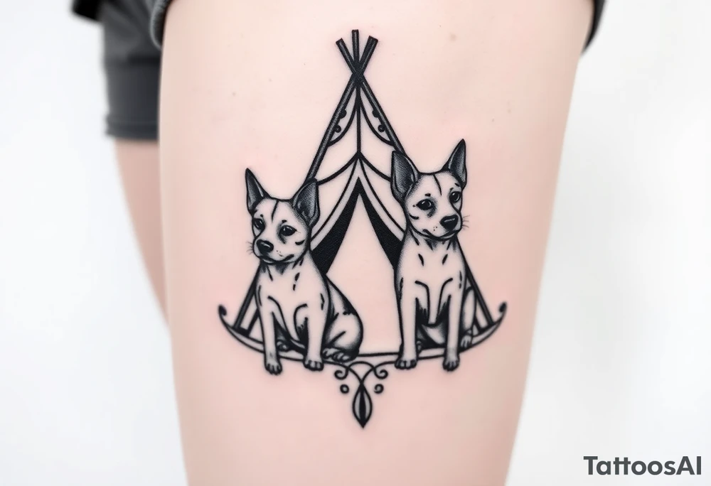 two dogs in front of a teepee tattoo idea