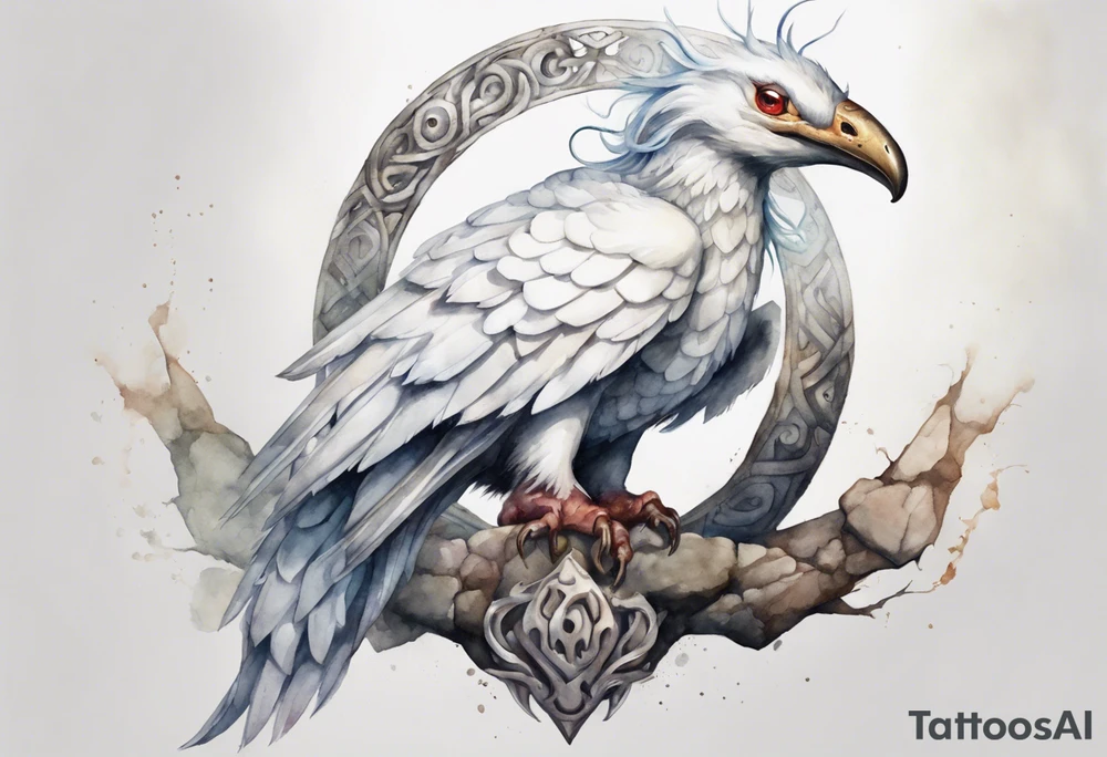 a watercolor of a white bird-serpent hybrid wearing an iron crown, perched upon a stone tattoo idea