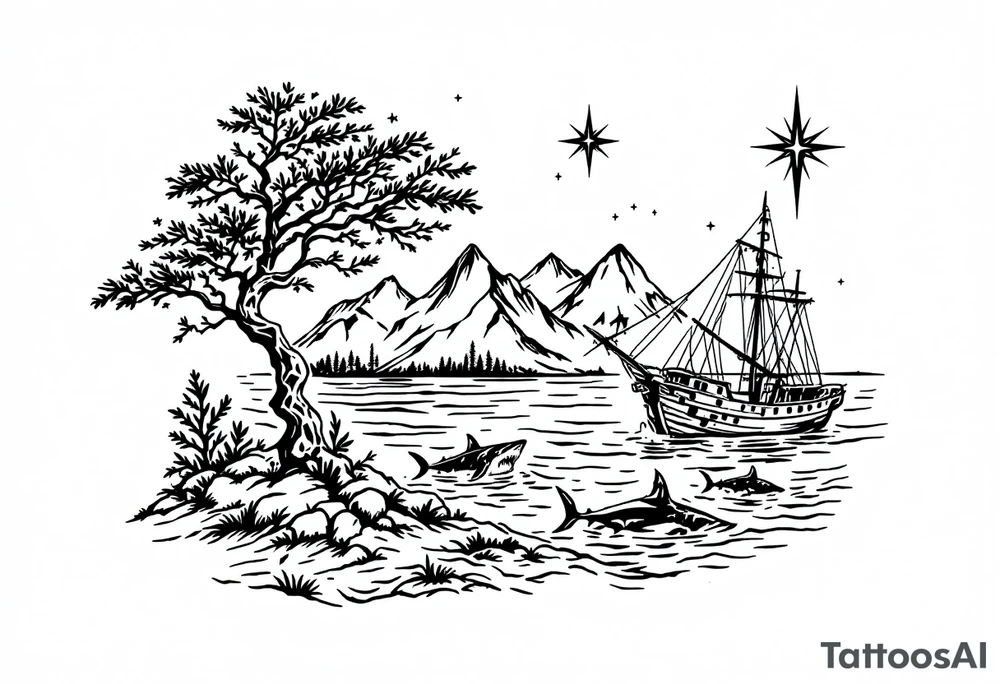 tattoo that has an acacia tree with mountains, ocean with a ship wreck with sharks and the northern star tattoo idea
