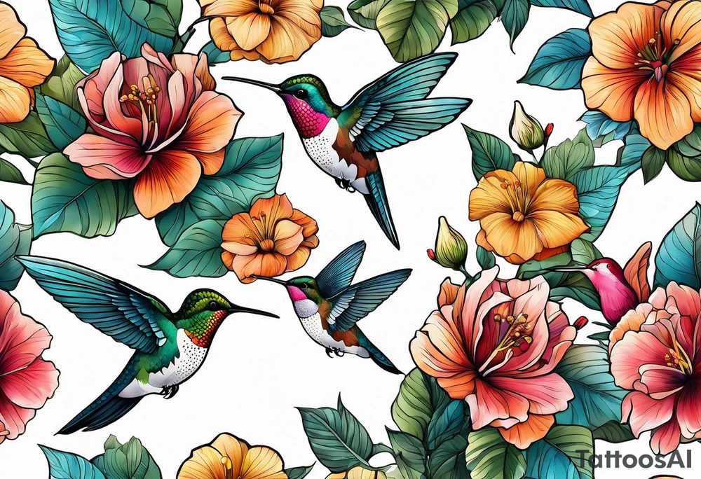 botanical, flowers, colorful, different, hummingbird, dot tattoo idea