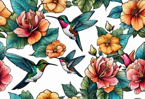 botanical, flowers, colorful, different, hummingbird, dot tattoo idea