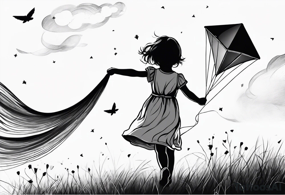 the back of a little girl in a dress, flying a kite tattoo idea