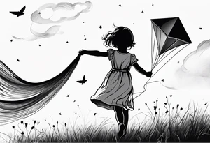 the back of a little girl in a dress, flying a kite tattoo idea