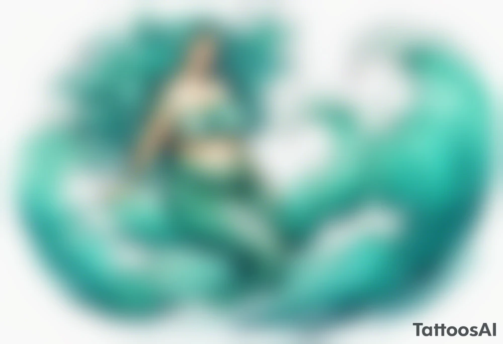a beautiful chubby turquoise mermaid emerging from an ocean wave, crashing onto the shore tattoo idea