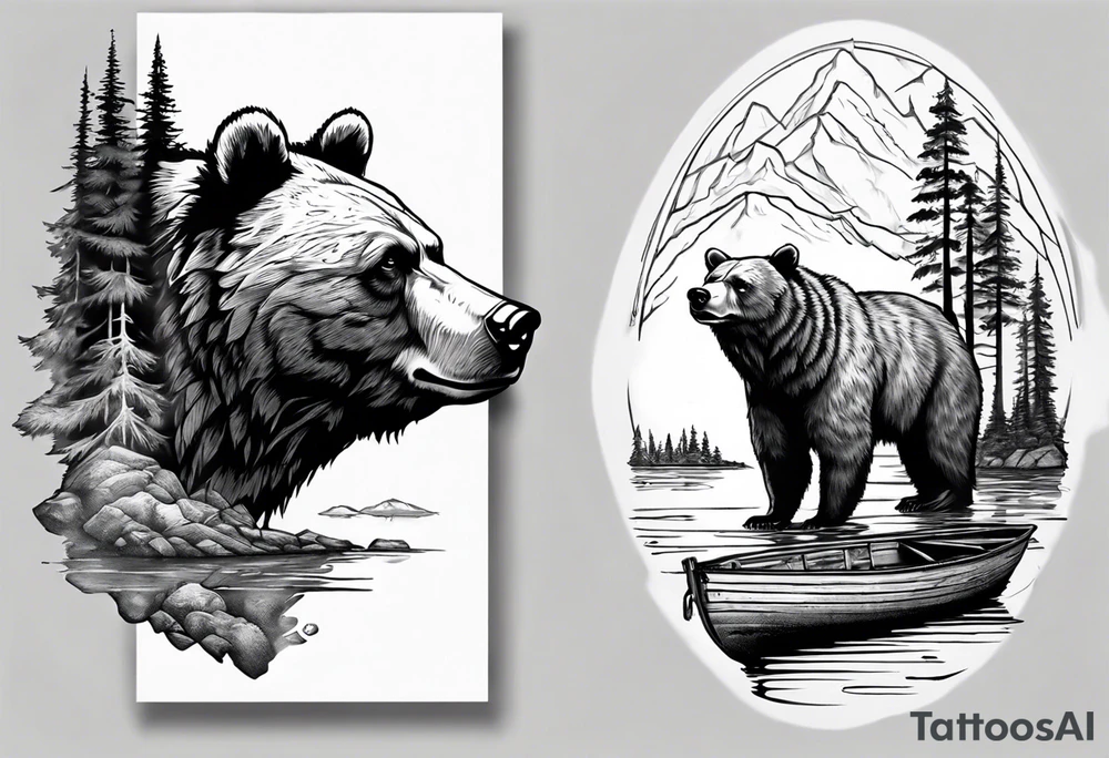 bear head right above the forest line with a lake below with a small fisher boat floating on it, full sleeve tattoo tattoo idea