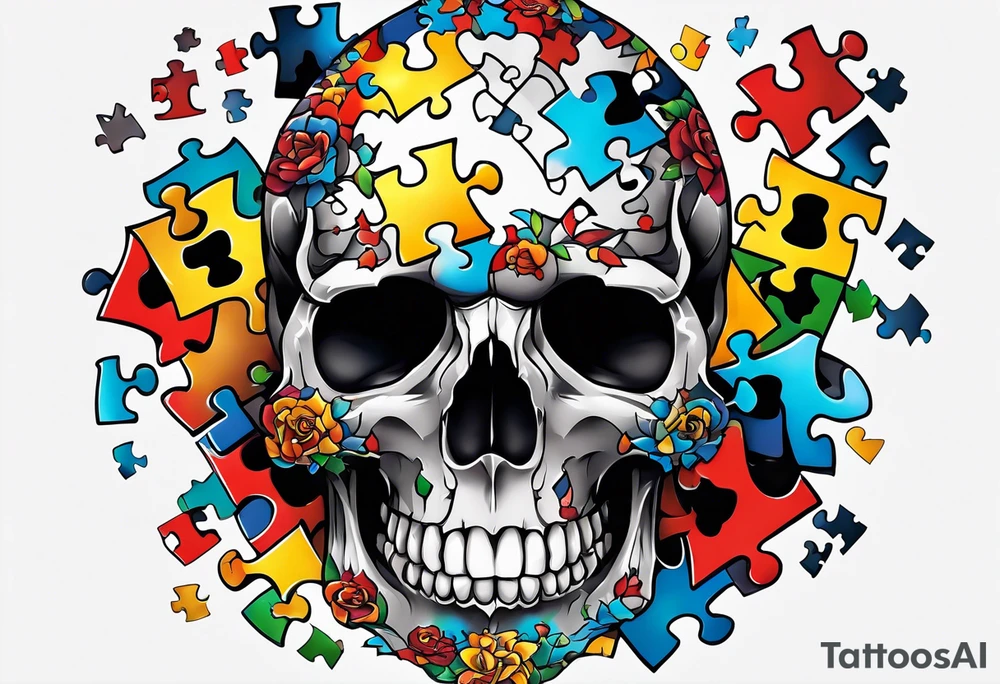 Skull with Autism Awareness Puzzle pieces. tattoo idea