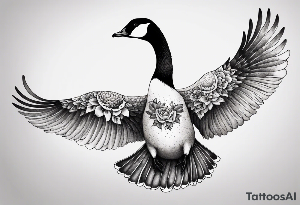 canadian goose spread wings with flowers side tattoo idea