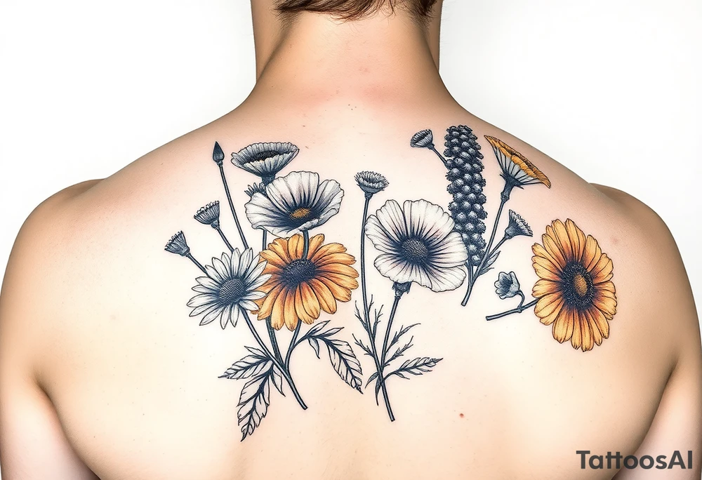 Create an image of an upper arm tattoo (from shoulder cap to just above the elbow) comprised of California poppies, California blackberries, gray’s lupine, marsh marigold, Indian paintbrush, one daisy, and an orange and orange blossom. Use color tattoo idea