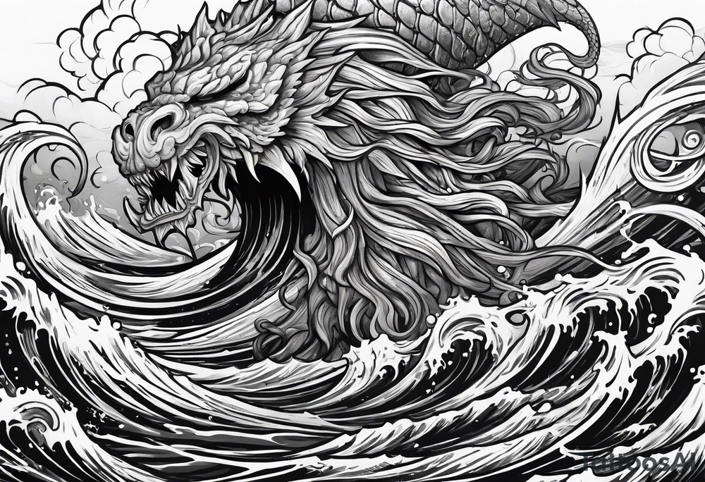 Kraken attacking wrapping tentacles Poseidon thrusting trident stormy sea tattoo idea