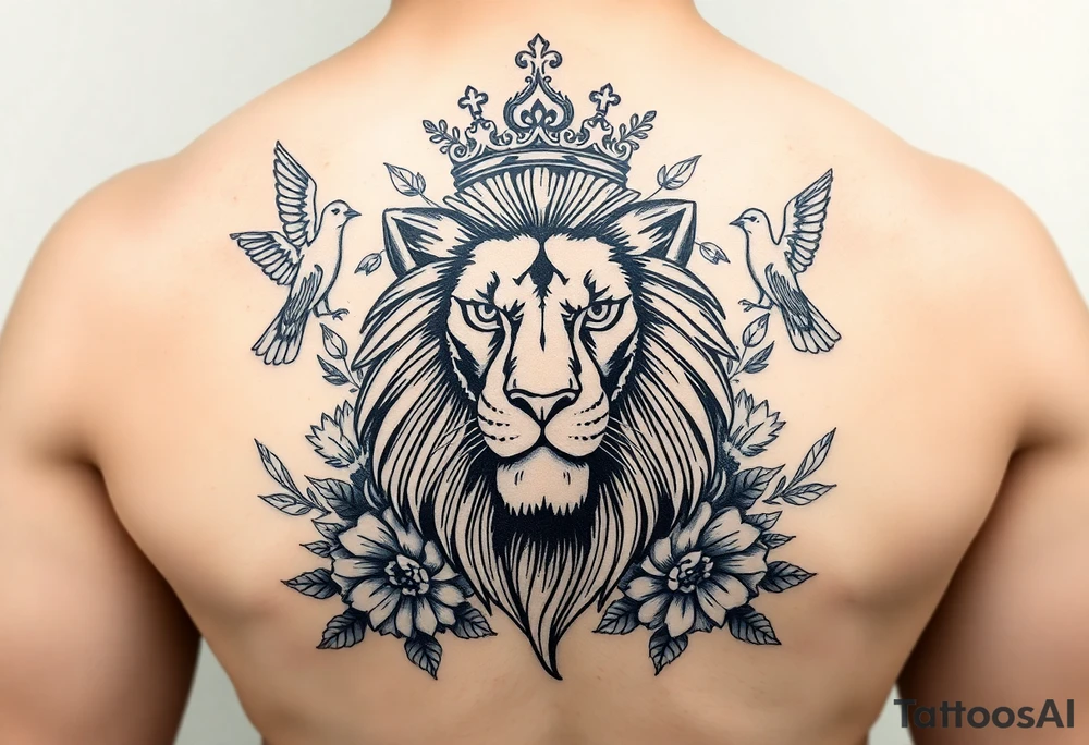 powerful majestic lion with a crown, surrounded by floral ornaments and birds tattoo idea