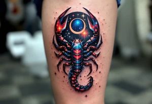 Scorpius astrology symbol stretches its body across the cosmos to a star constellation, with stingers twinkling in icy blue and fiery red. tattoo idea