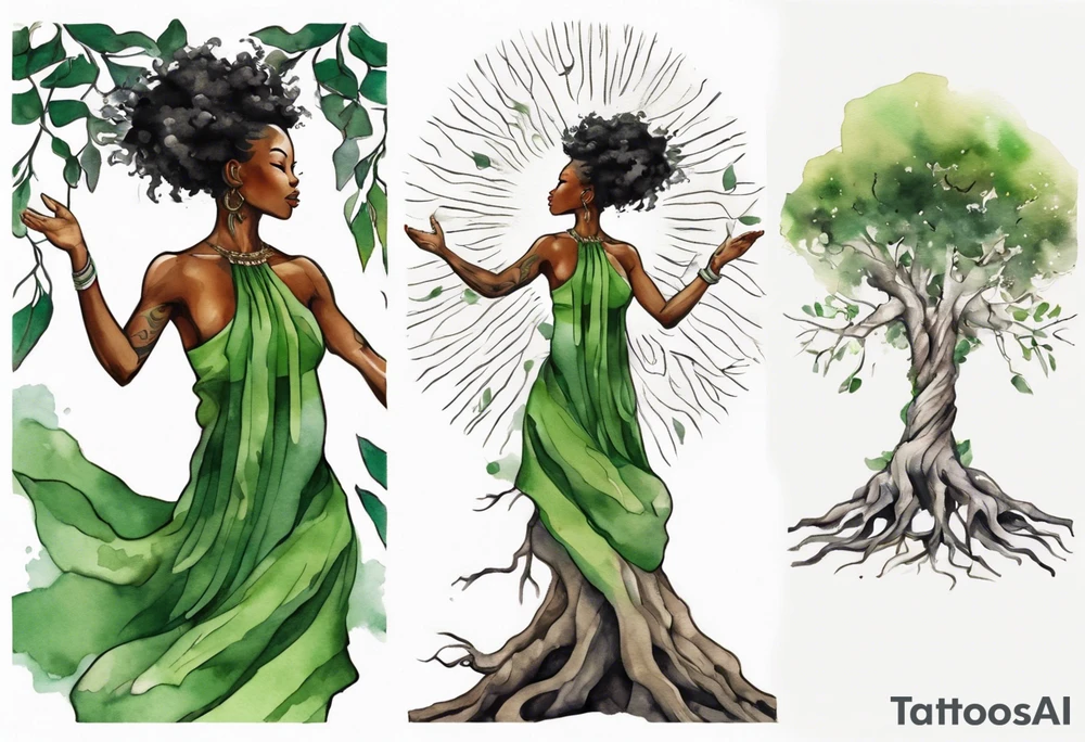 a tree trunk with roots that is a beautiful black woman from the waist up, arms reaching up to the sun, wearing a green tunic tattoo idea