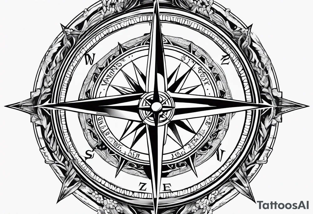 Simple Nautical compass with New Zealand map outline behind it and southern cross tattoo idea