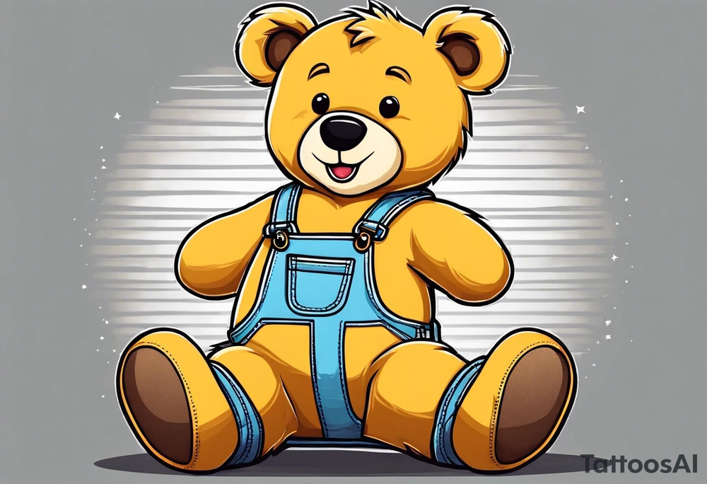 the image of the back of a light brown teddy bear standing in yellow overalls, white tank top, striped boots and holding his left arm up tattoo idea