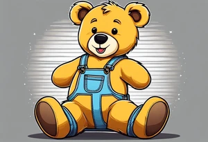 the image of the back of a light brown teddy bear standing in yellow overalls, white tank top, striped boots and holding his left arm up tattoo idea