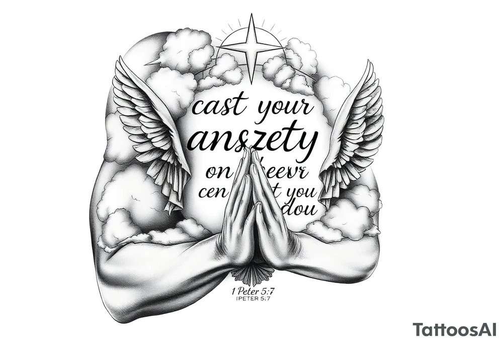 cast all your anxiety on him because he cares for you"  1 peter 5:7 surrounded with clouds and angels and praying hands tattoo idea