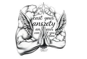 cast all your anxiety on him because he cares for you"  1 peter 5:7 surrounded with clouds and angels and praying hands tattoo idea